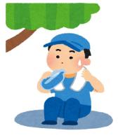 木陰で水分補給をする人のイラスト