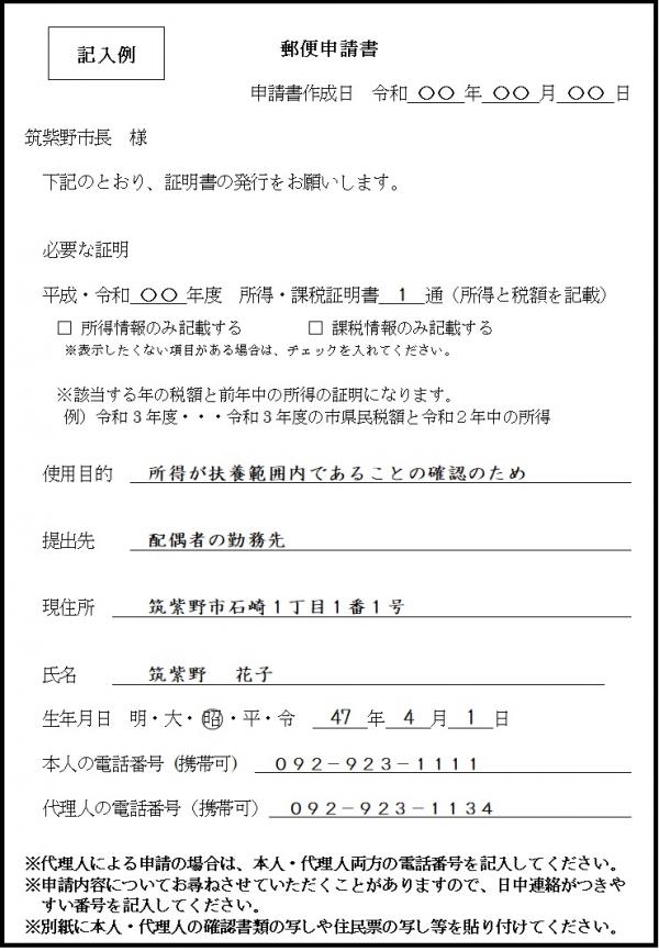 郵便申請の記入例です。