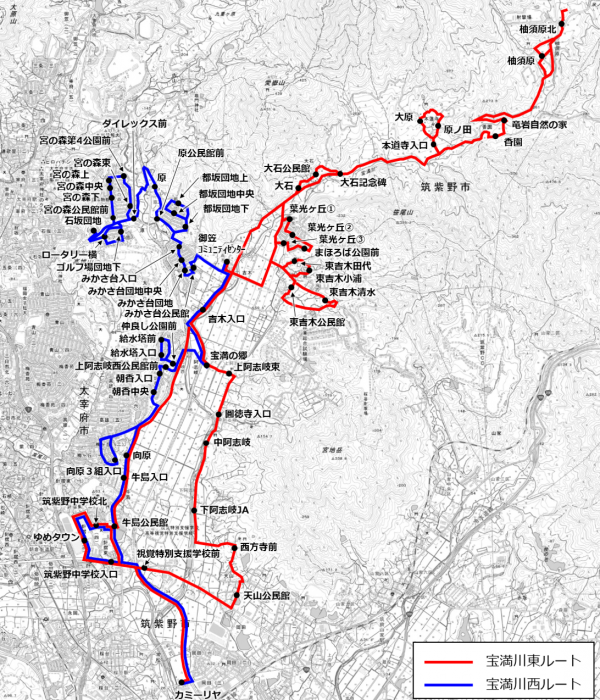 御笠自治会バスの路線図(令和7年4月1日から)